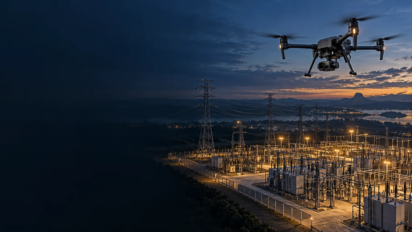 Drone em operação de inspeção industrial