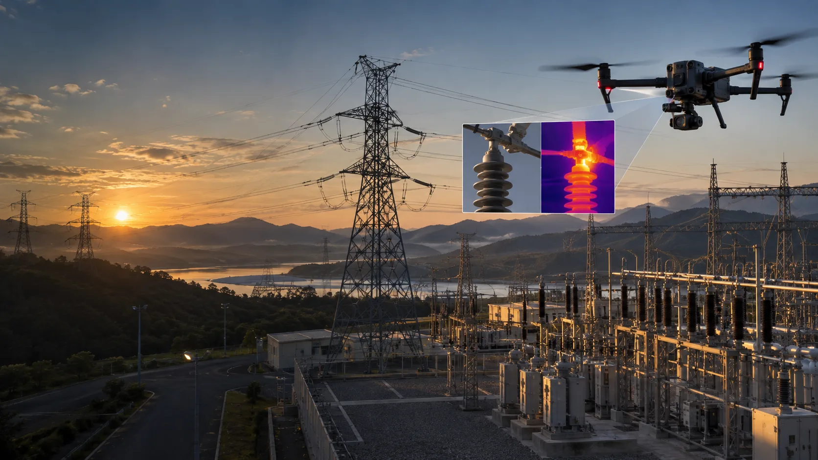 Drone realizando inspeção termográfica em infraestrutura elétrica